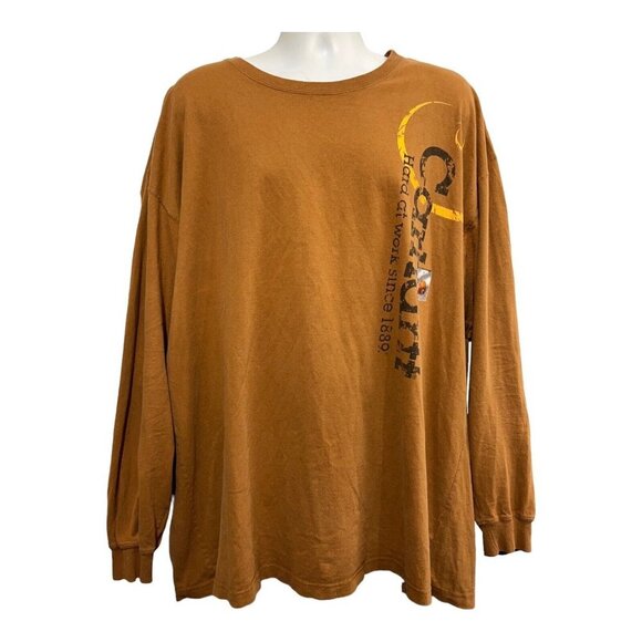 Carhartt Mens 2XL Hard At‎ Work Graphic T Shirt Long Sleeve Brown Distressed - Picture 1 of 7